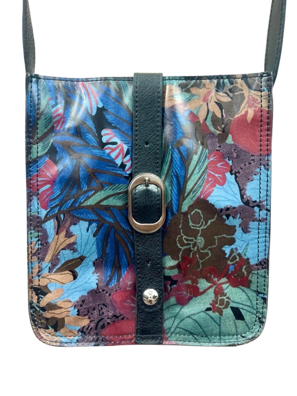 Patricia Nash Venezia Blue Tropical Leaf Floral Crossbody Leather Bag